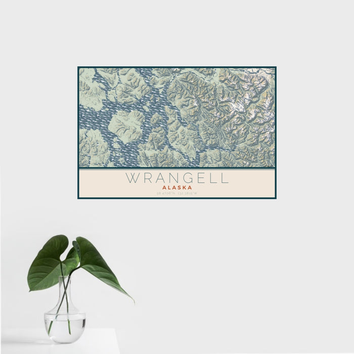 16x24 Wrangell Alaska Map Print Landscape Orientation in Woodblock Style With Tropical Plant Leaves in Water