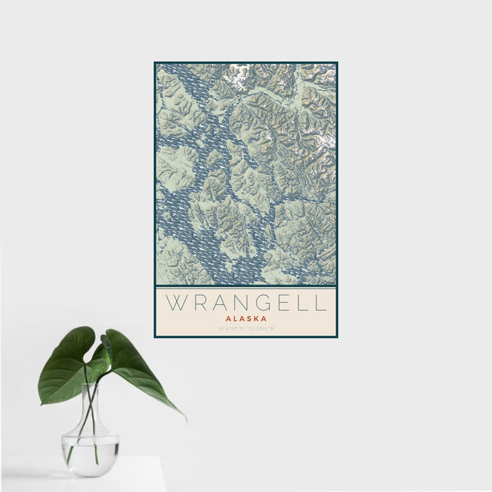 16x24 Wrangell Alaska Map Print Portrait Orientation in Woodblock Style With Tropical Plant Leaves in Water