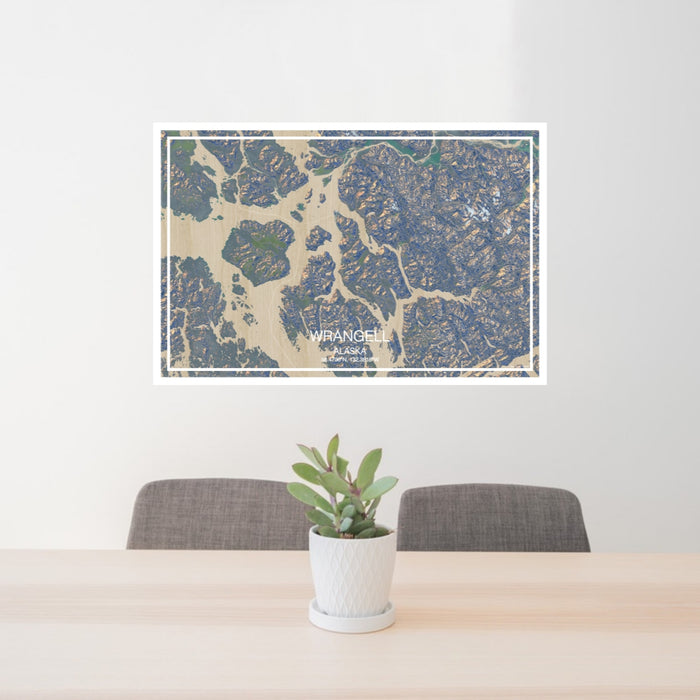 24x36 Wrangell Alaska Map Print Landscape Orientation in Afternoon Style Behind 2 Chairs Table and Potted Plant