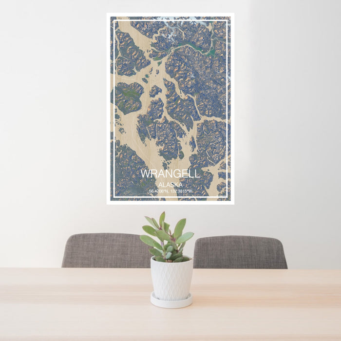 24x36 Wrangell Alaska Map Print Portrait Orientation in Afternoon Style Behind 2 Chairs Table and Potted Plant
