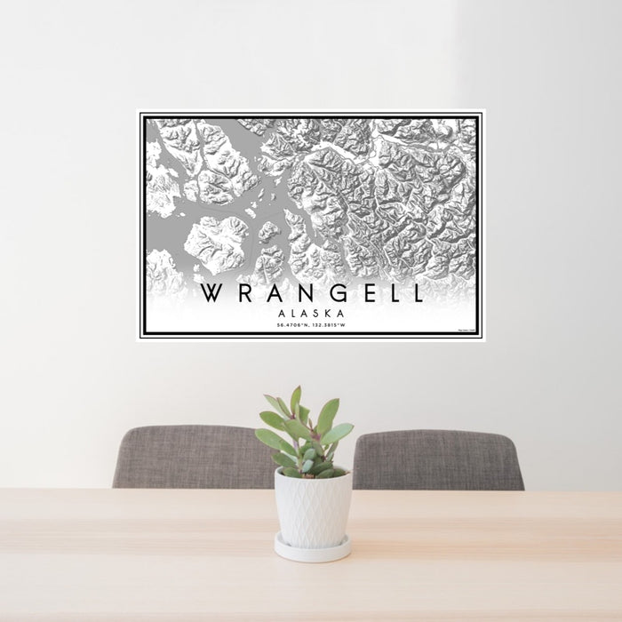 24x36 Wrangell Alaska Map Print Landscape Orientation in Classic Style Behind 2 Chairs Table and Potted Plant
