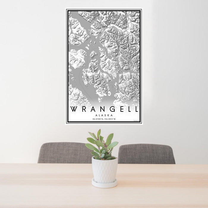 24x36 Wrangell Alaska Map Print Portrait Orientation in Classic Style Behind 2 Chairs Table and Potted Plant