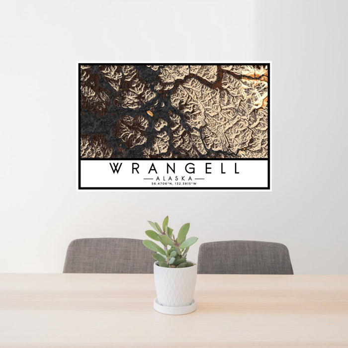 24x36 Wrangell Alaska Map Print Landscape Orientation in Ember Style Behind 2 Chairs Table and Potted Plant