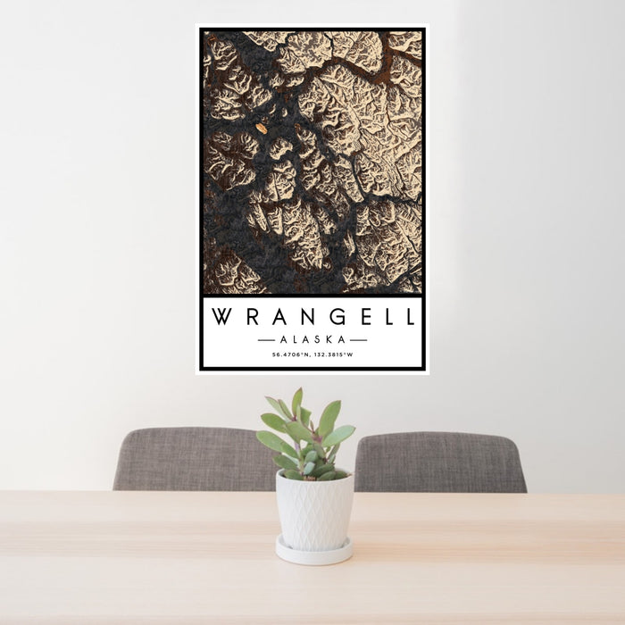 24x36 Wrangell Alaska Map Print Portrait Orientation in Ember Style Behind 2 Chairs Table and Potted Plant