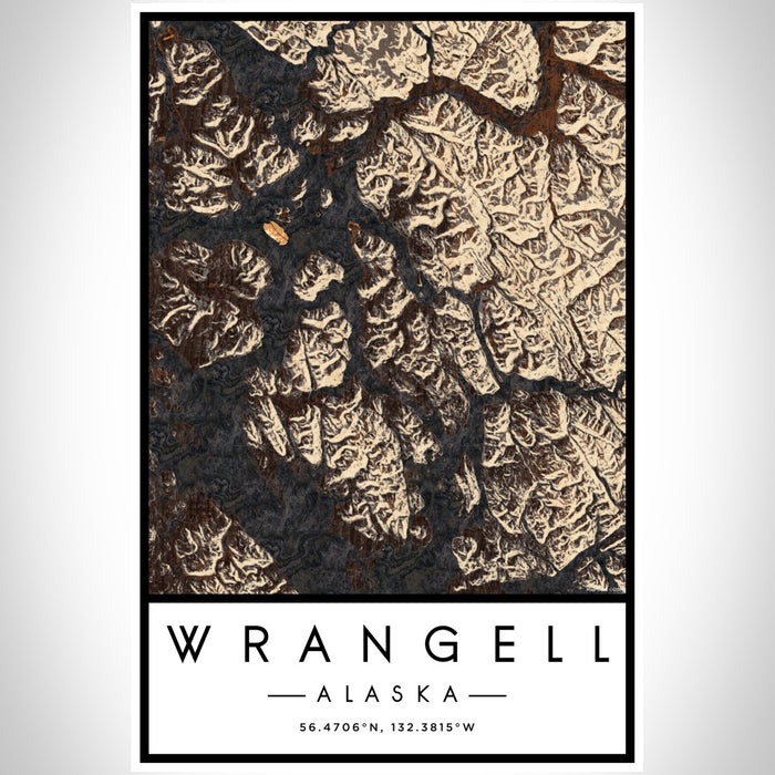 Wrangell Alaska Map Print Portrait Orientation in Ember Style With Shaded Background