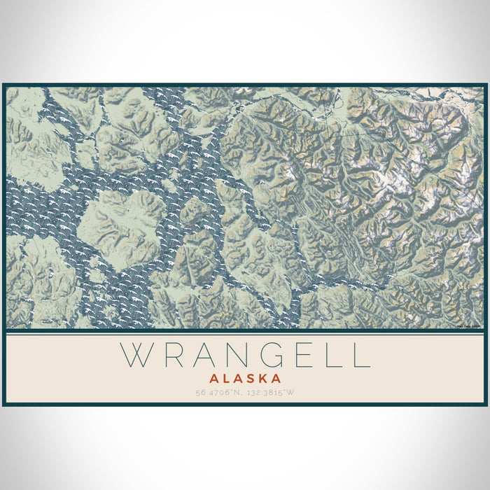 Wrangell Alaska Map Print Landscape Orientation in Woodblock Style With Shaded Background