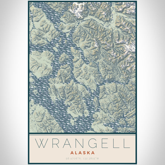 Wrangell Alaska Map Print Portrait Orientation in Woodblock Style With Shaded Background