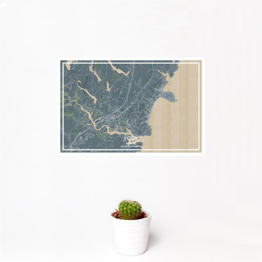 12x18 York Maine Map Print Landscape Orientation in Afternoon Style With Small Cactus Plant in White Planter