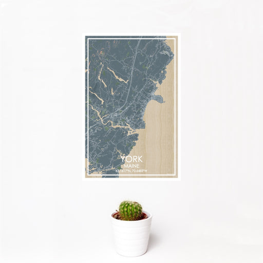 12x18 York Maine Map Print Portrait Orientation in Afternoon Style With Small Cactus Plant in White Planter