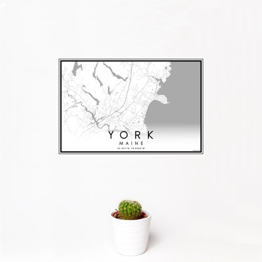 12x18 York Maine Map Print Landscape Orientation in Classic Style With Small Cactus Plant in White Planter