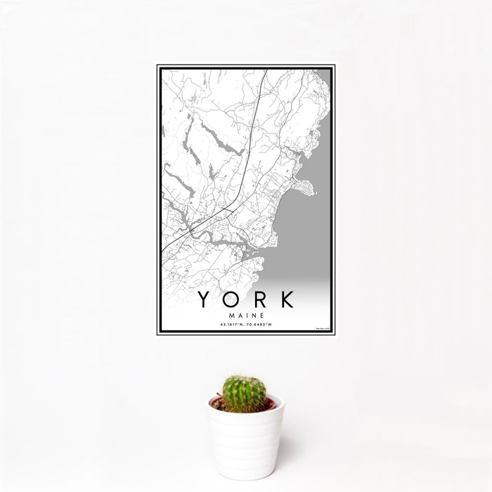 12x18 York Maine Map Print Portrait Orientation in Classic Style With Small Cactus Plant in White Planter