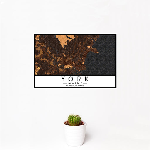 12x18 York Maine Map Print Landscape Orientation in Ember Style With Small Cactus Plant in White Planter