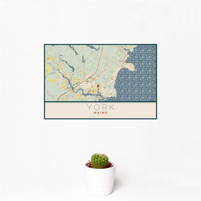 12x18 York Maine Map Print Landscape Orientation in Woodblock Style With Small Cactus Plant in White Planter