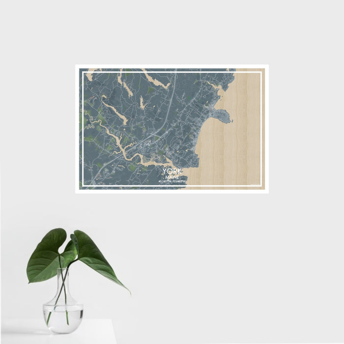 16x24 York Maine Map Print Landscape Orientation in Afternoon Style With Tropical Plant Leaves in Water
