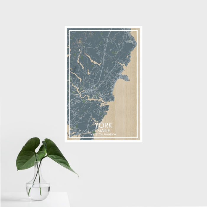 16x24 York Maine Map Print Portrait Orientation in Afternoon Style With Tropical Plant Leaves in Water