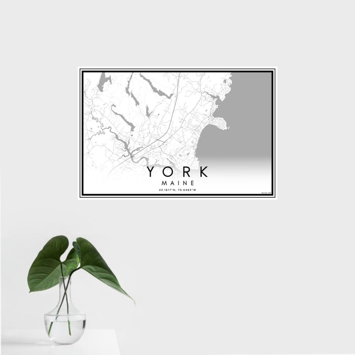 16x24 York Maine Map Print Landscape Orientation in Classic Style With Tropical Plant Leaves in Water