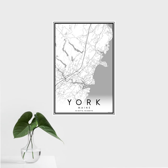 16x24 York Maine Map Print Portrait Orientation in Classic Style With Tropical Plant Leaves in Water