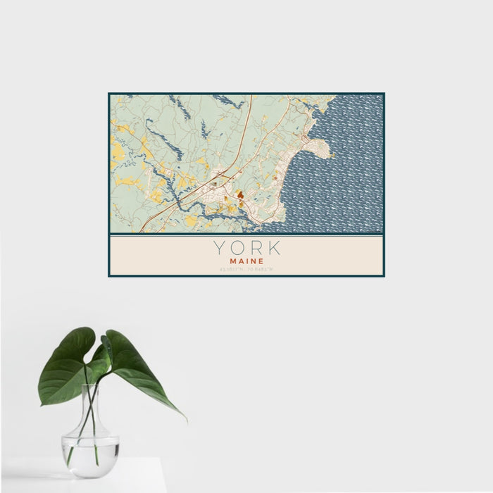 16x24 York Maine Map Print Landscape Orientation in Woodblock Style With Tropical Plant Leaves in Water