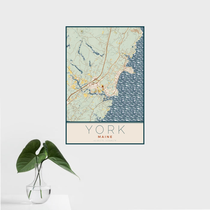 16x24 York Maine Map Print Portrait Orientation in Woodblock Style With Tropical Plant Leaves in Water