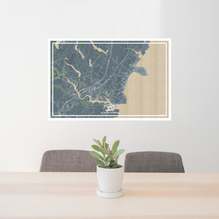 24x36 York Maine Map Print Lanscape Orientation in Afternoon Style Behind 2 Chairs Table and Potted Plant