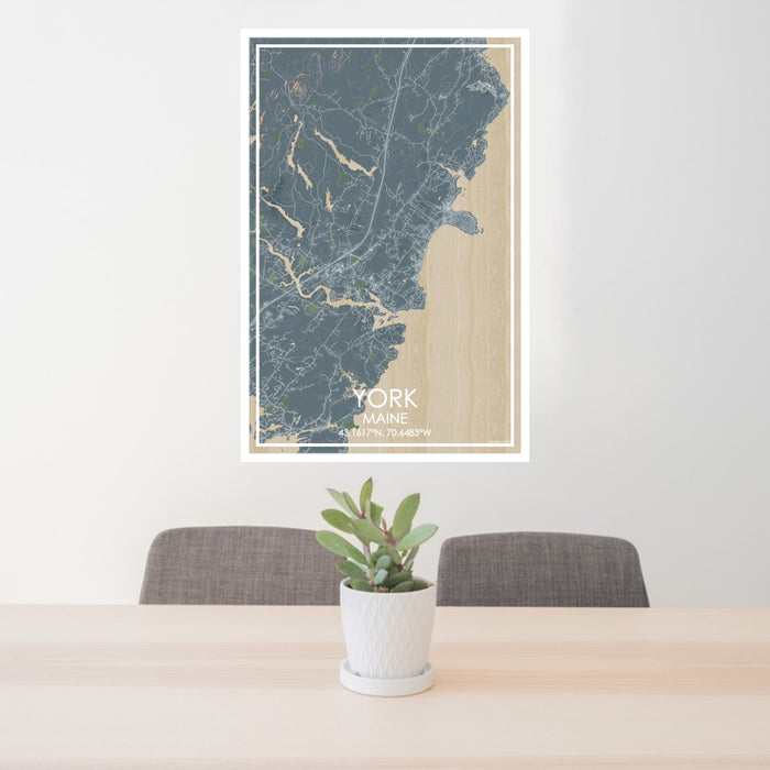 24x36 York Maine Map Print Portrait Orientation in Afternoon Style Behind 2 Chairs Table and Potted Plant