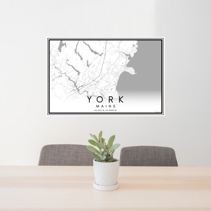 24x36 York Maine Map Print Lanscape Orientation in Classic Style Behind 2 Chairs Table and Potted Plant