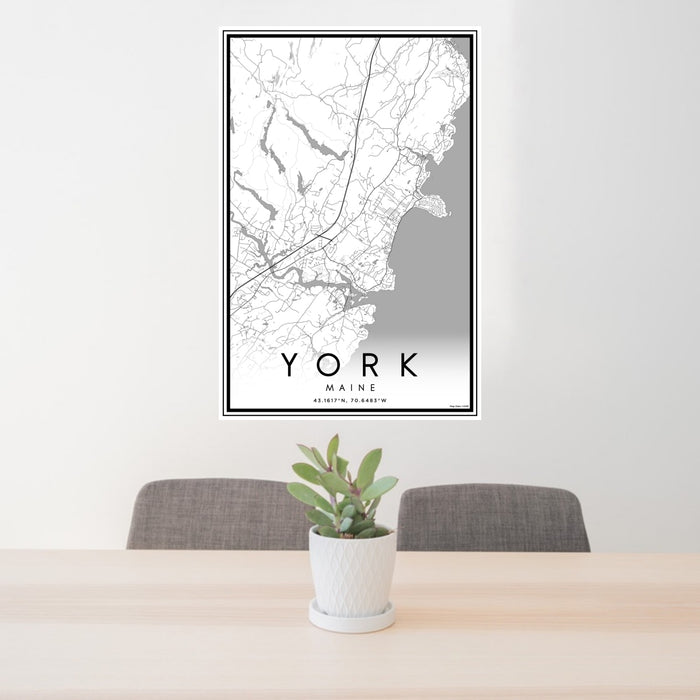 24x36 York Maine Map Print Portrait Orientation in Classic Style Behind 2 Chairs Table and Potted Plant