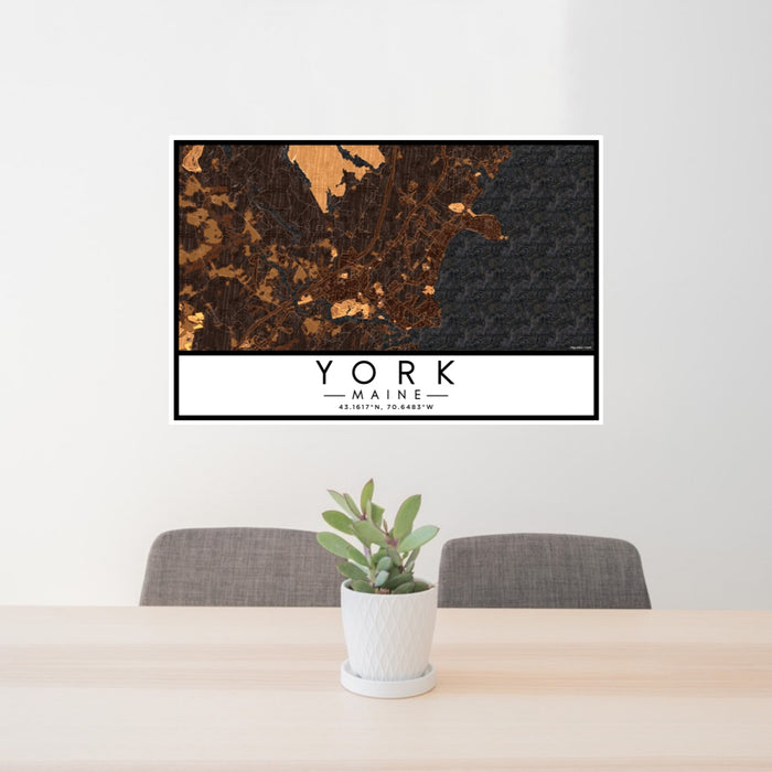 24x36 York Maine Map Print Lanscape Orientation in Ember Style Behind 2 Chairs Table and Potted Plant