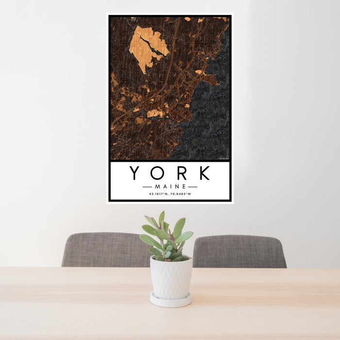 24x36 York Maine Map Print Portrait Orientation in Ember Style Behind 2 Chairs Table and Potted Plant