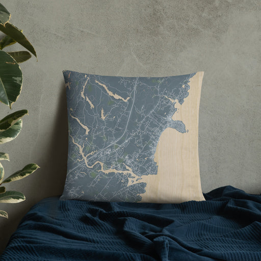 Custom York Maine Map Throw Pillow in Afternoon on Bedding Against Wall
