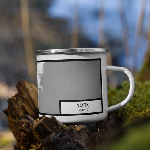 Right View Custom York Maine Map Enamel Mug in Classic on Grass With Trees in Background