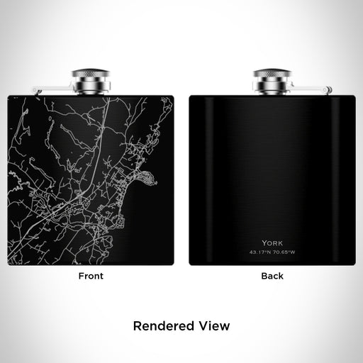 Rendered View of York Maine Map Engraving on 6oz Stainless Steel Flask in Black