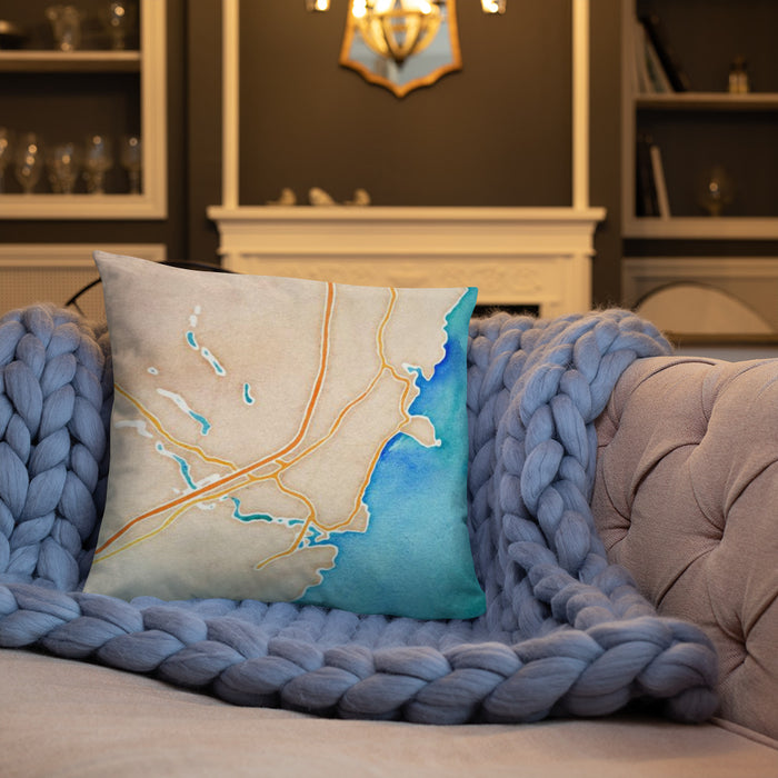 Custom York Maine Map Throw Pillow in Watercolor on Cream Colored Couch