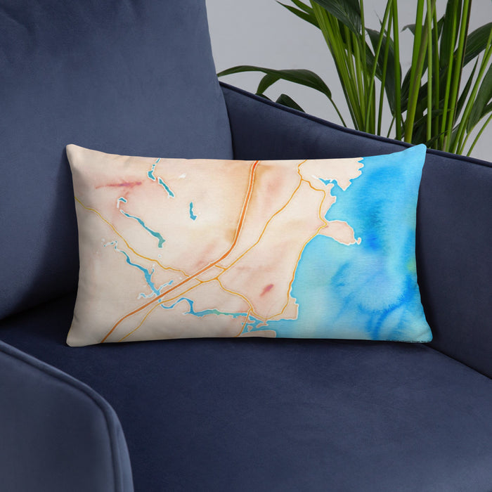 Custom York Maine Map Throw Pillow in Watercolor on Blue Colored Chair