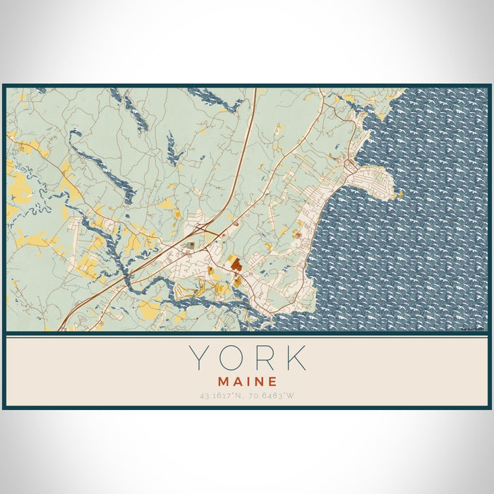 York Maine Map Print Landscape Orientation in Woodblock Style With Shaded Background