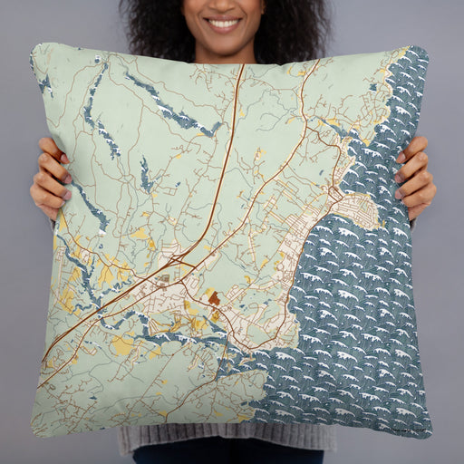Person holding 22x22 Custom York Maine Map Throw Pillow in Woodblock
