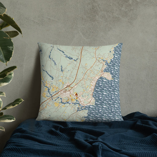 Custom York Maine Map Throw Pillow in Woodblock on Bedding Against Wall