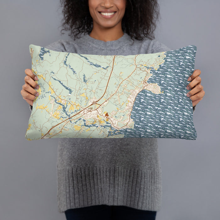 Person holding 20x12 Custom York Maine Map Throw Pillow in Woodblock