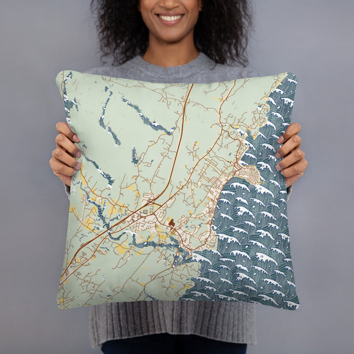 Person holding 18x18 Custom York Maine Map Throw Pillow in Woodblock