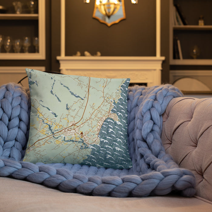 Custom York Maine Map Throw Pillow in Woodblock on Cream Colored Couch