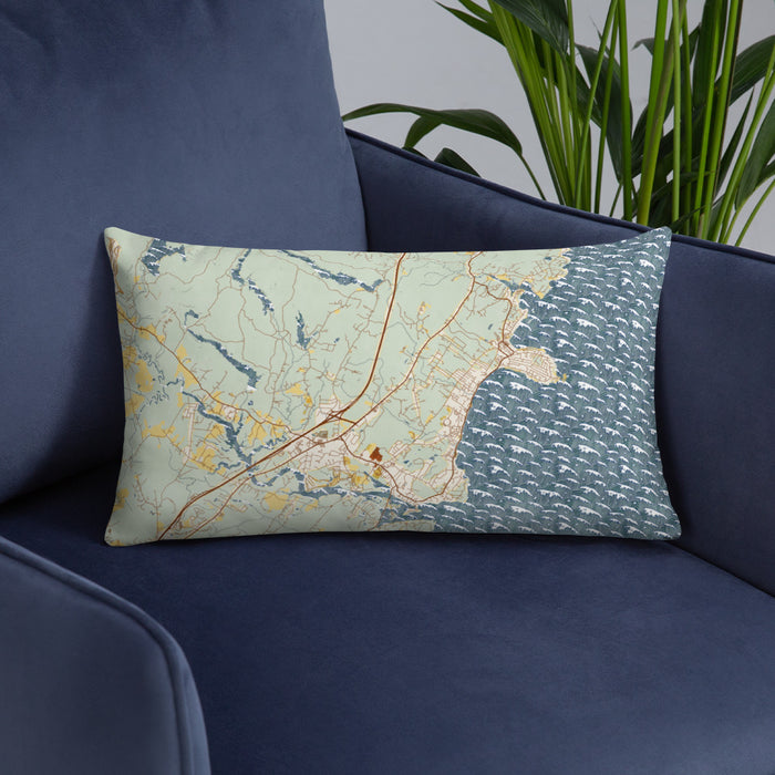 Custom York Maine Map Throw Pillow in Woodblock on Blue Colored Chair