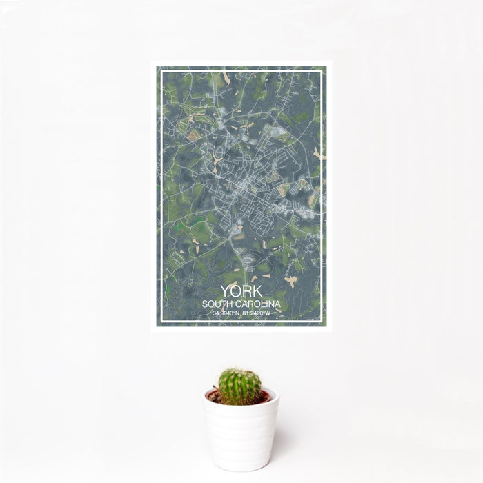 12x18 York South Carolina Map Print Portrait Orientation in Afternoon Style With Small Cactus Plant in White Planter