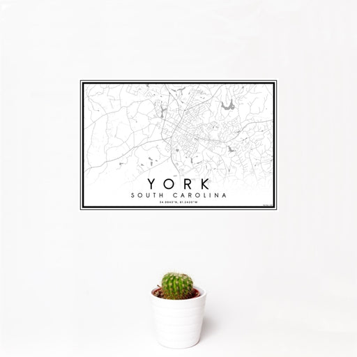 12x18 York South Carolina Map Print Landscape Orientation in Classic Style With Small Cactus Plant in White Planter