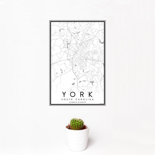 12x18 York South Carolina Map Print Portrait Orientation in Classic Style With Small Cactus Plant in White Planter