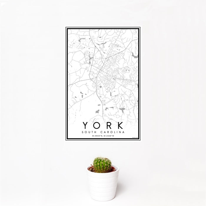 12x18 York South Carolina Map Print Portrait Orientation in Classic Style With Small Cactus Plant in White Planter