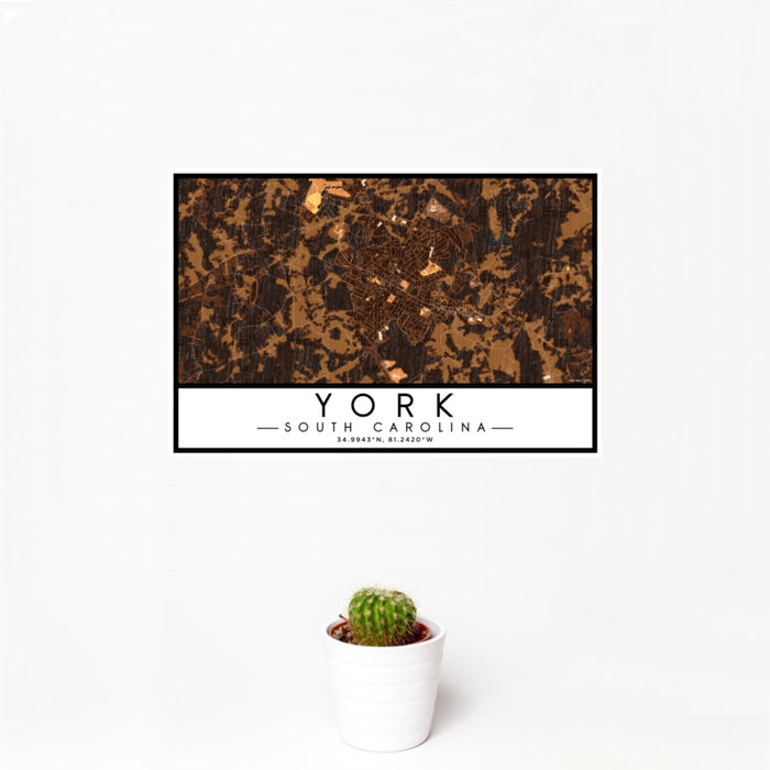 12x18 York South Carolina Map Print Landscape Orientation in Ember Style With Small Cactus Plant in White Planter