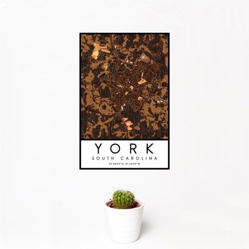 12x18 York South Carolina Map Print Portrait Orientation in Ember Style With Small Cactus Plant in White Planter