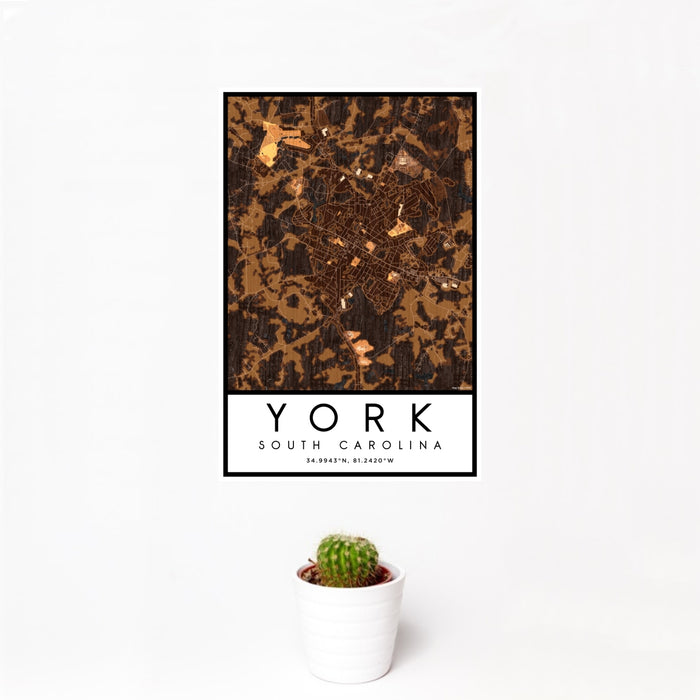 12x18 York South Carolina Map Print Portrait Orientation in Ember Style With Small Cactus Plant in White Planter