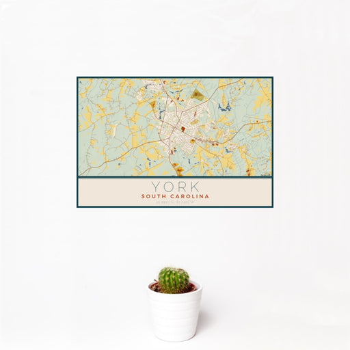 12x18 York South Carolina Map Print Landscape Orientation in Woodblock Style With Small Cactus Plant in White Planter