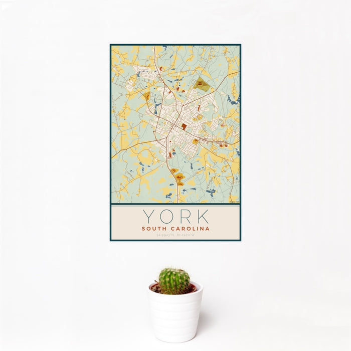 12x18 York South Carolina Map Print Portrait Orientation in Woodblock Style With Small Cactus Plant in White Planter
